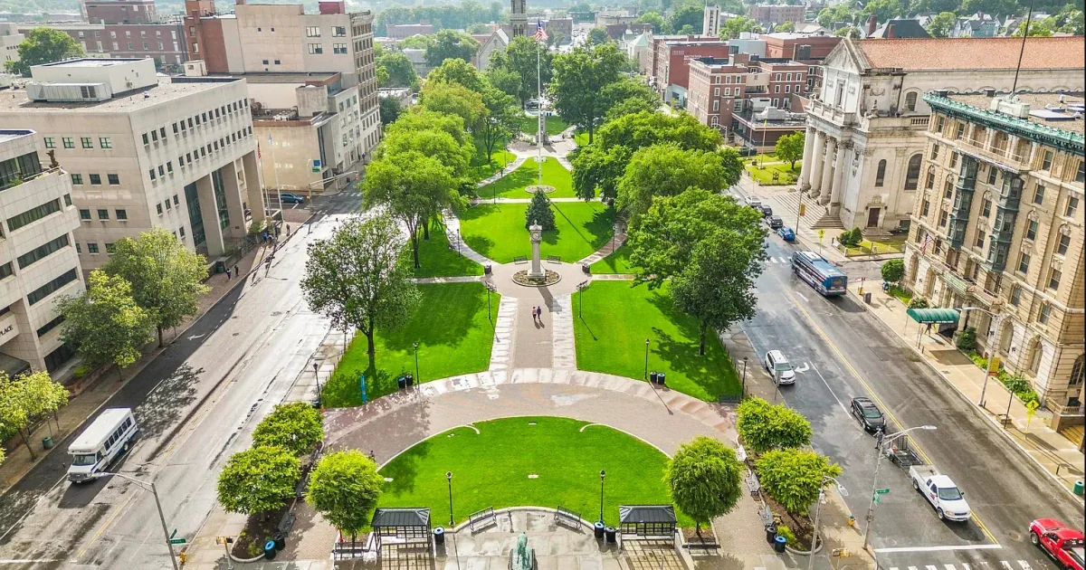Green and downtown streets in Waterbury, Connecticut
